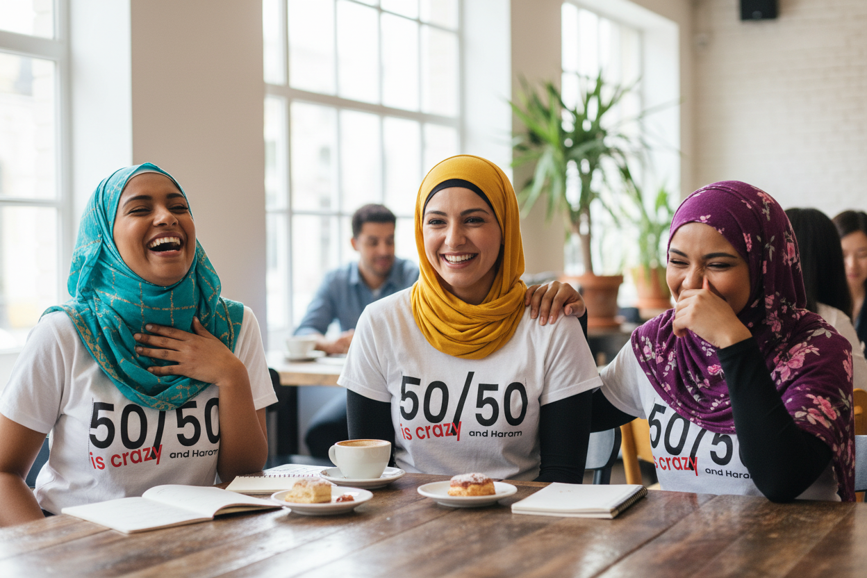 2-3 multicultural Muslim women laughing in Fifty Fifty tees