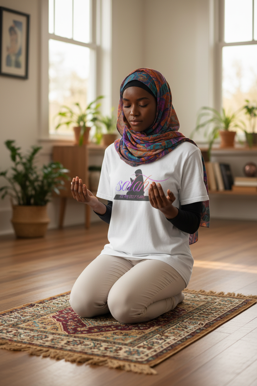 African American Muslim woman in Salah tee