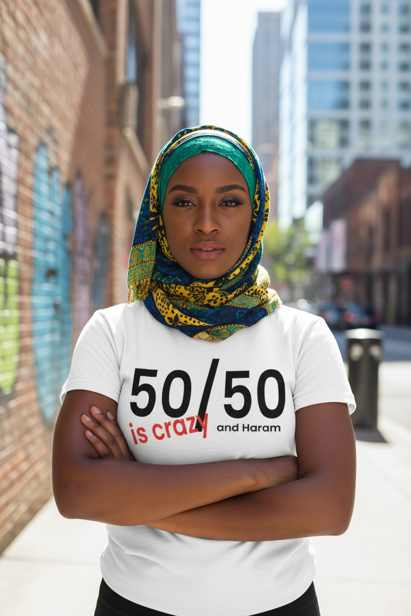 African American Muslim woman in strong pose wearing Fifty Fifty tee