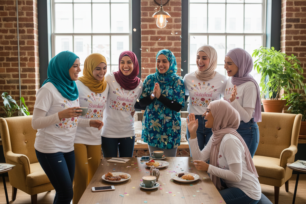 Diverse group of Muslim women in Sisterhood tees
