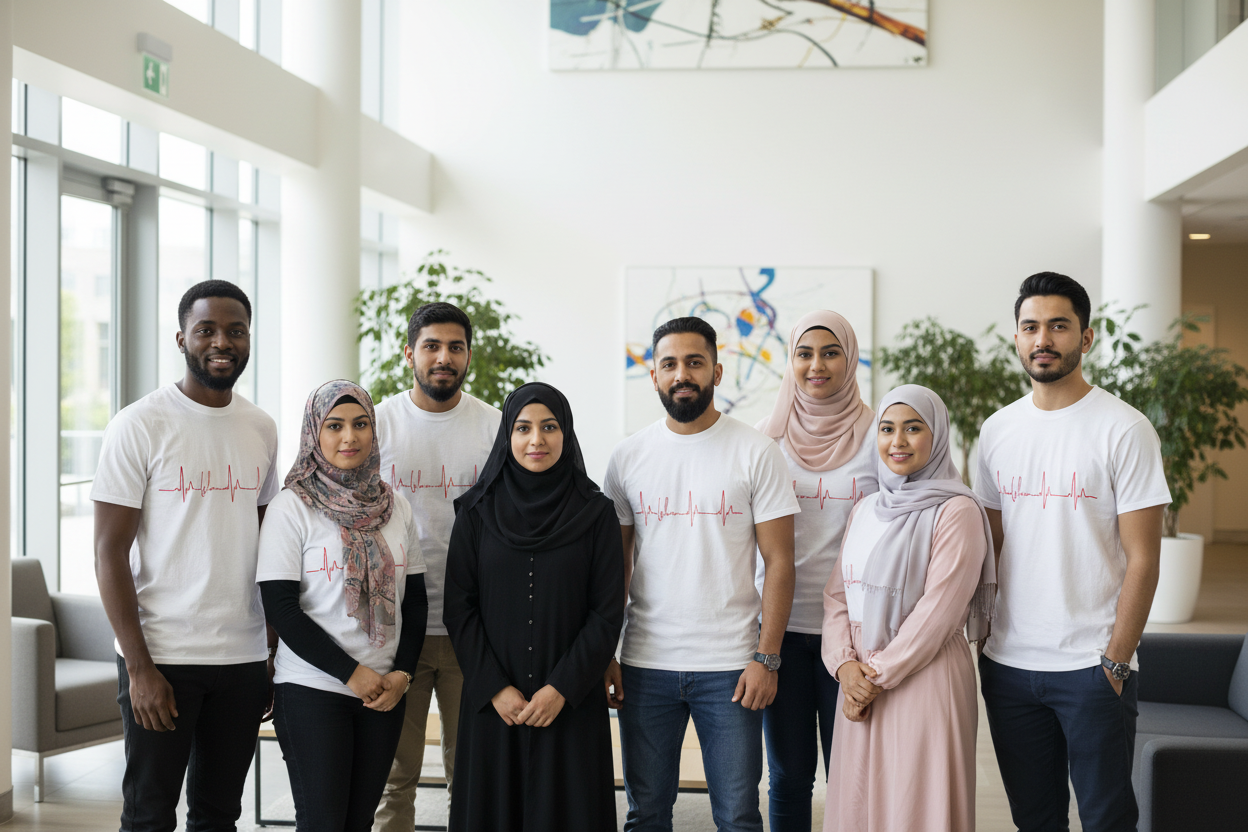 Diverse Muslim men and women in Heartbeat tees
