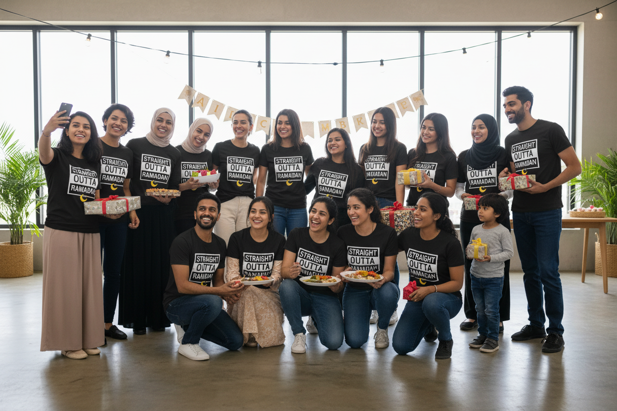 Diverse group celebrating Eid in Outta Ramadan tees