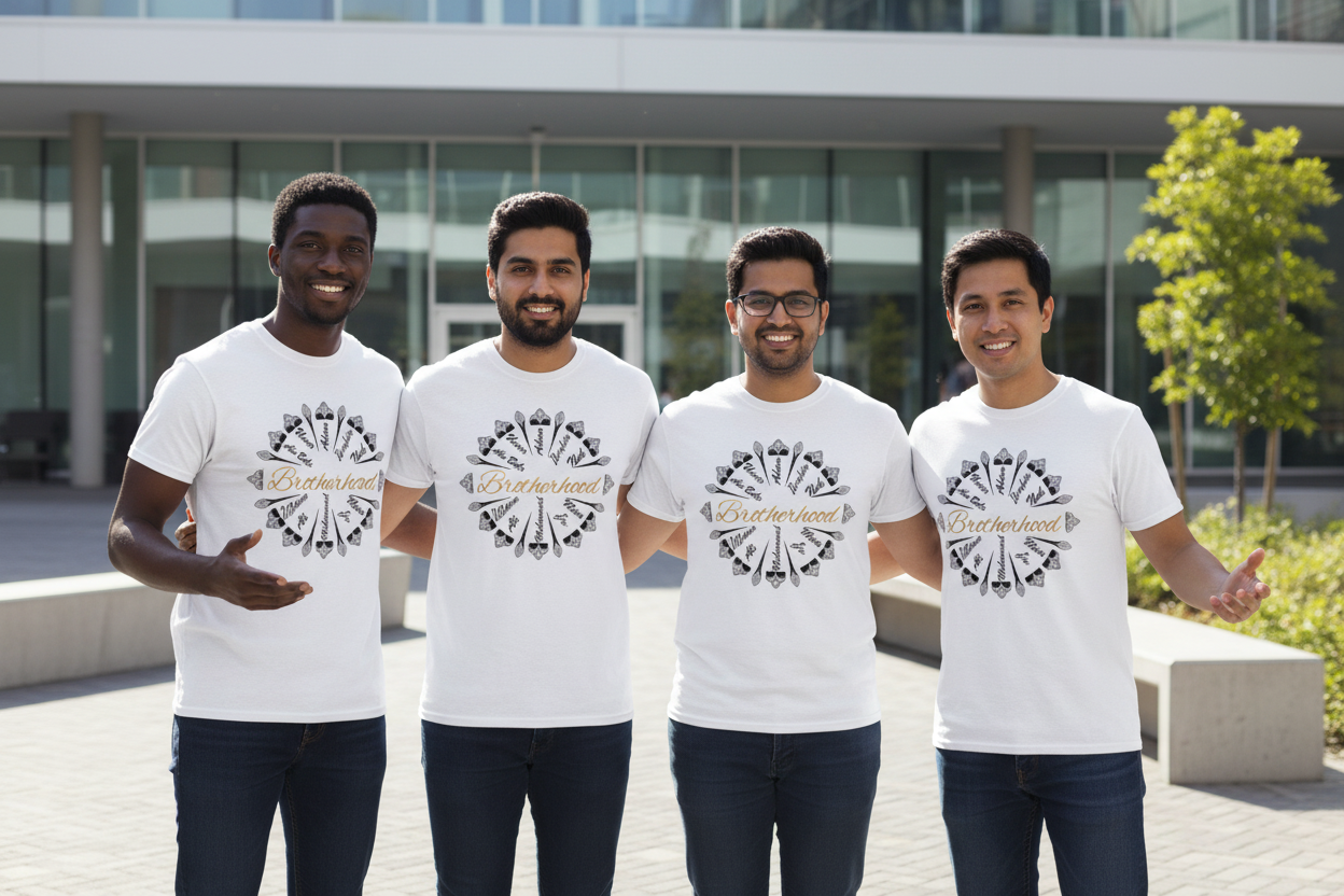 Diverse Muslim men united in Brotherhood tees