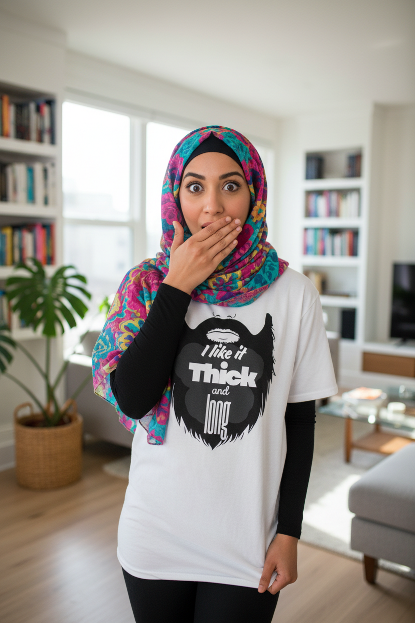 Muslim woman covering mouth in oops gesture wearing Beard tee