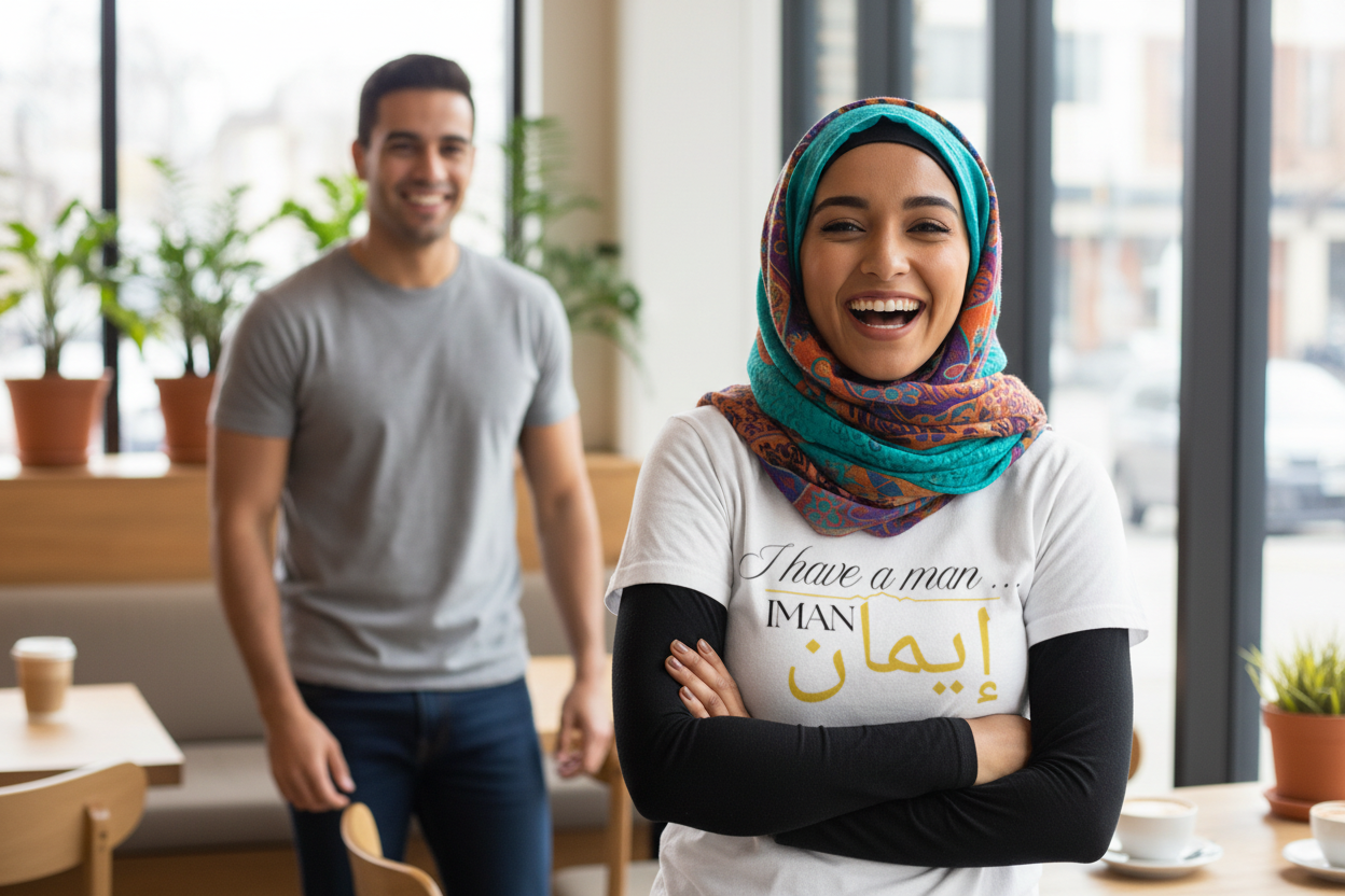 Muslim woman in Iman tee laughing, man in regular clothes in background