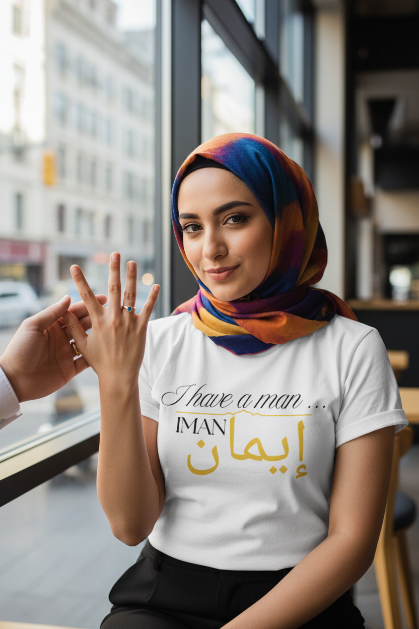 Muslim woman with playful expression in Iman tee