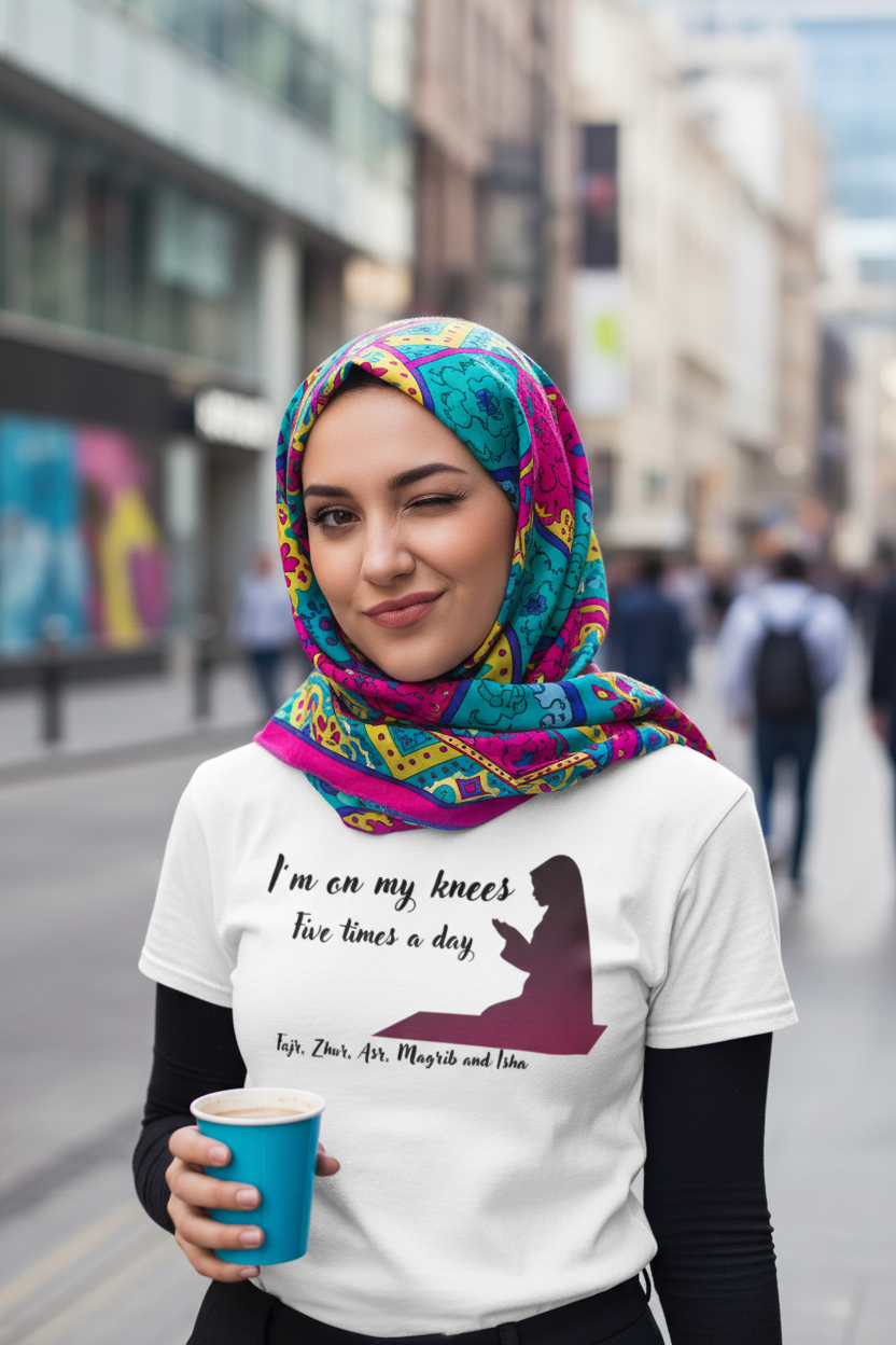 Muslim woman with playful smirk wearing On My Knees tee