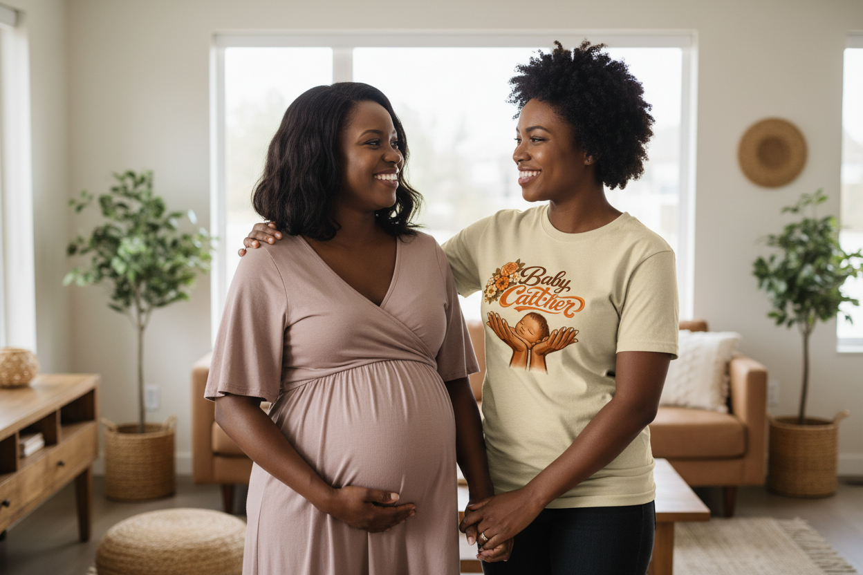 Pregnant African American mother with birth worker in Baby Catcher tee