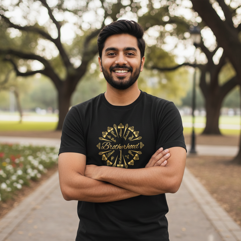 South Asian in black tee