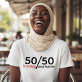 Woman in white 50/50 tee